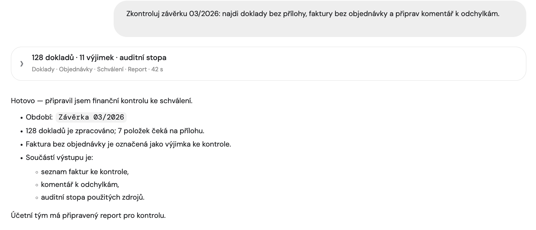 Screenshot Vesla se závěrkou 03/2026, Faktura bez objednávky, Komentář k odchylkám a Auditní stopa
