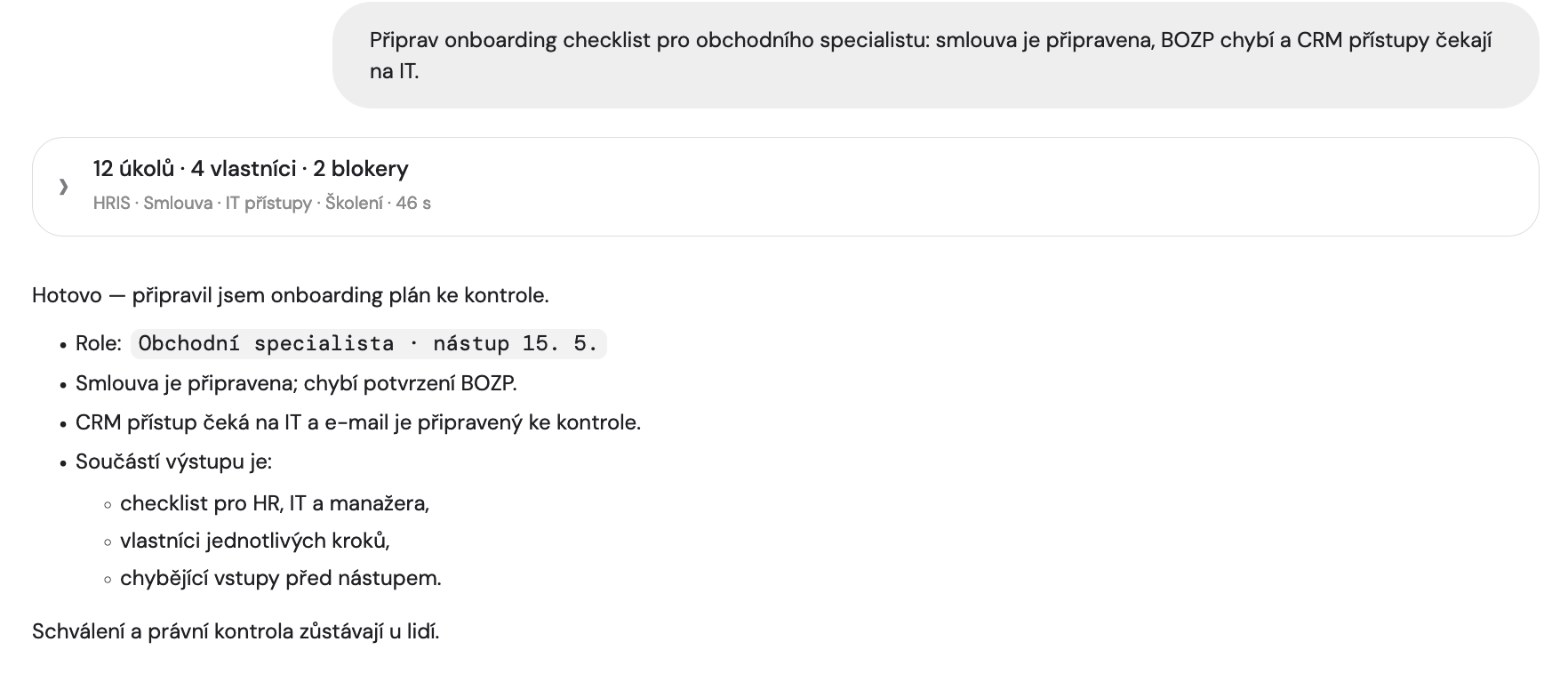 Screenshot Vesla s Onboarding checklist, stavem CRM: čeká IT a Úkoly pro HR, IT a manažera