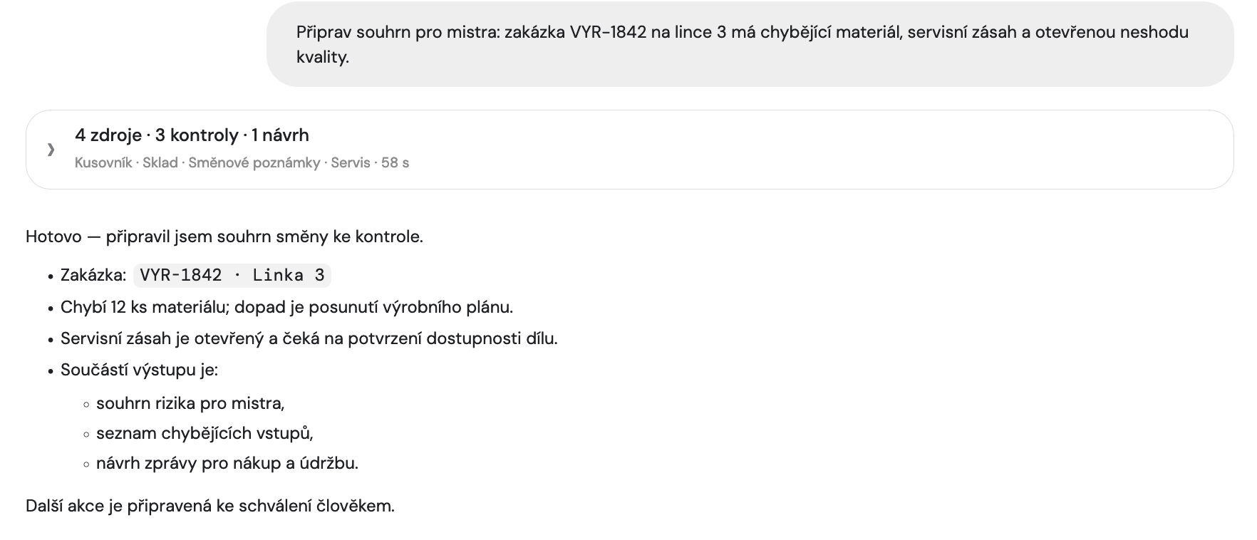 Screenshot Vesla se souhrnem zakázky VYR-1842 na Linka 3, chybějícím materiálem pro výrobní plán a Souhrn pro mistra