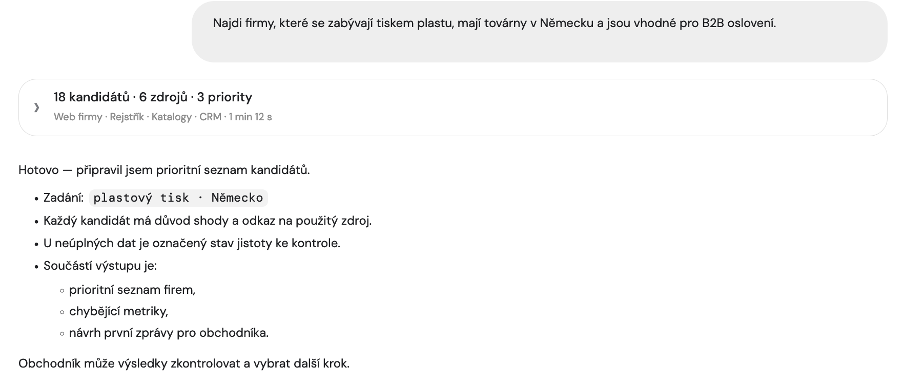 Screenshot Vesla se zadáním Najdi firmy, které se zabývají tiskem plastu a mají továrny v Německu, Příprava priorit a oslovení a údajem obrat nedohledán
